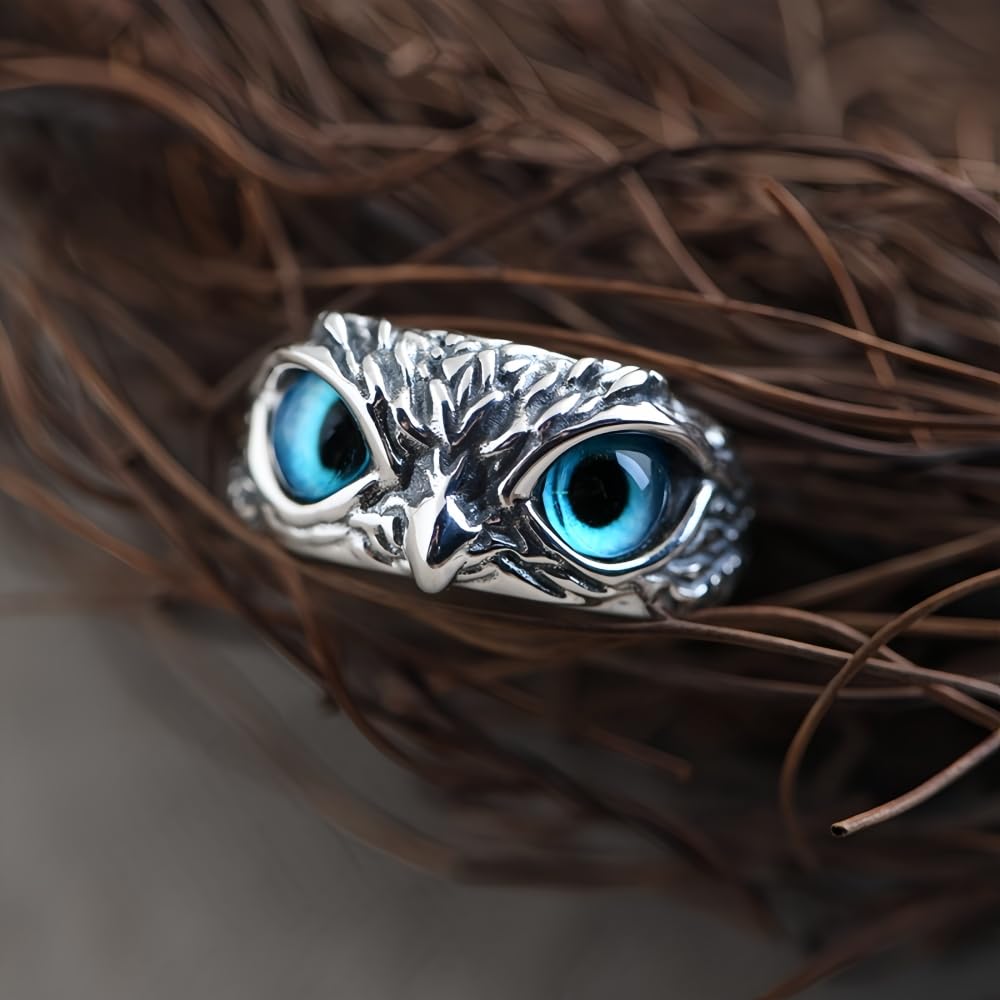 Retro 925 Sterling Silber Eule Nachteule Ring mit Blauen Augen für Herren Damen Offen und Verstellbar