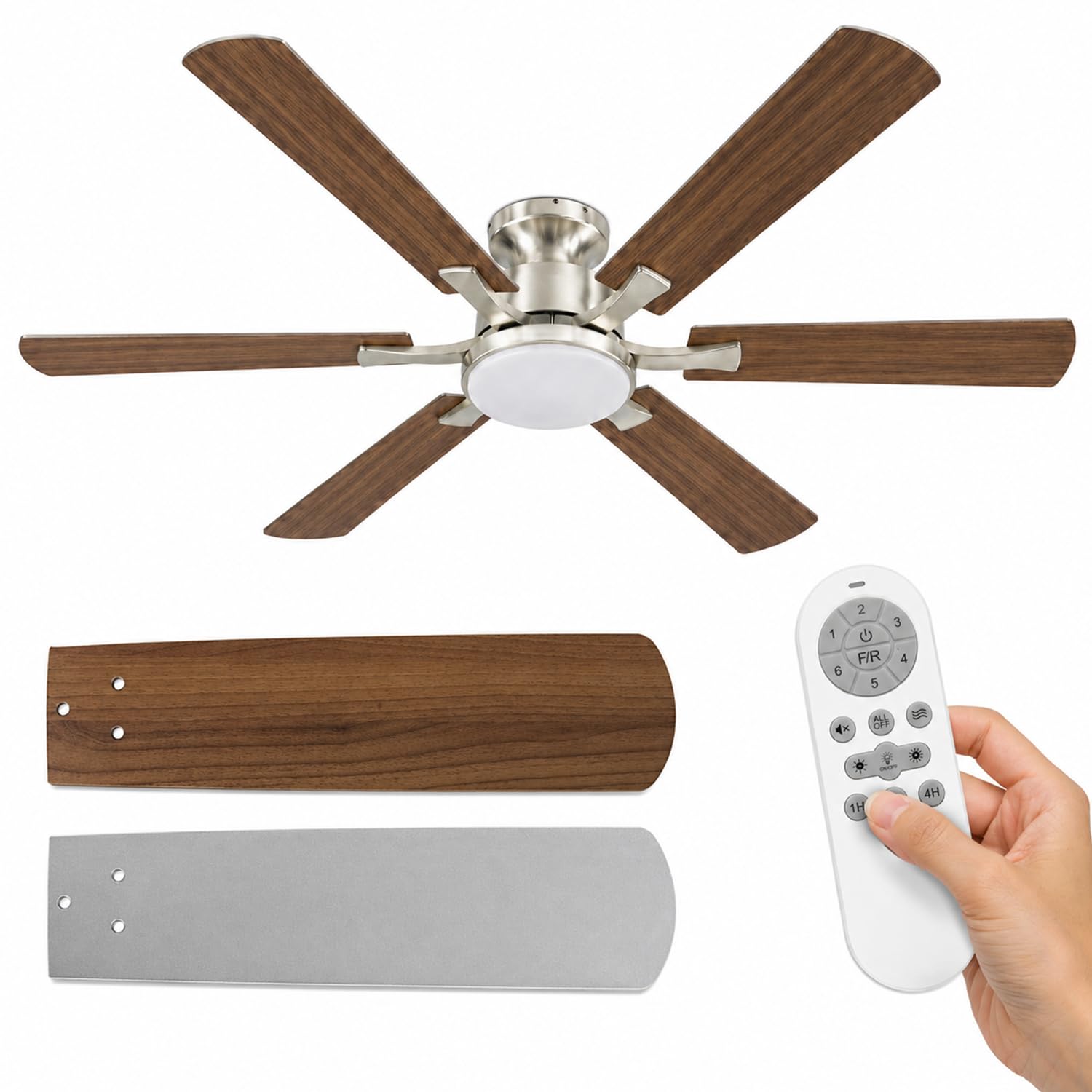 Airwit 132 cm Deckenventilator mit Beleuchtung und Fernbedienung, Deckenventilator mit Licht, leiser DC-Motor, 6 Geschwindigkeiten, dimmbare LED, Timer, Sommer-/Winterbetrieb, Walnuss/Silber