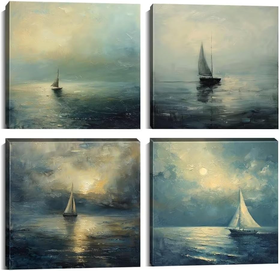 Wall HDQSeascape Wall Art Abstract Ocean Artwork Coastal Picture Sailboat Prints Modern Nautical Style for Bathroom Home Decor Framed Painting 4 Panels