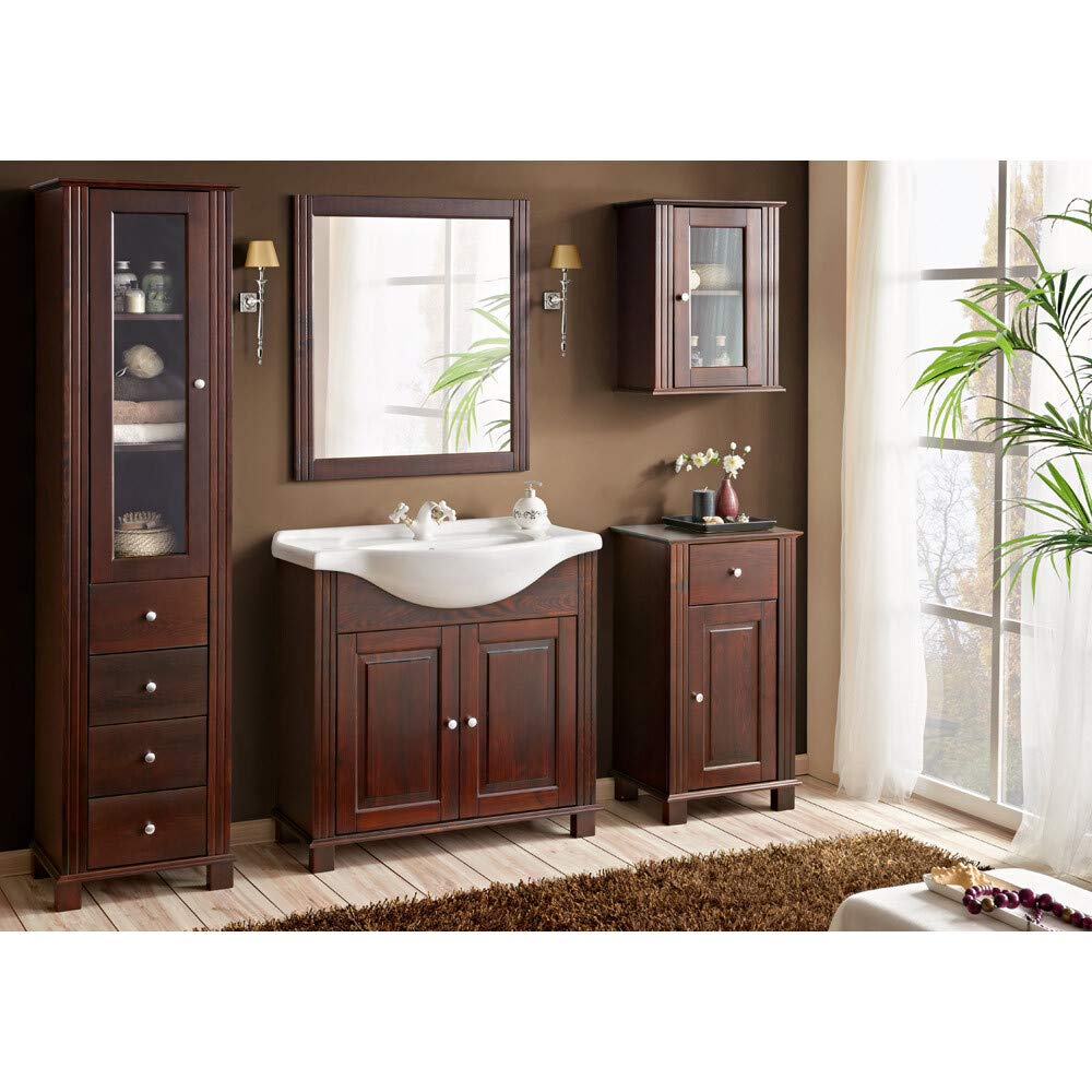 Lomadox Waschtischunterschrank 85 cm Keramik-Waschbecken Im Landhausstil, Pinie Massivholz braun, B/H/T ca. 85/83/49 cm