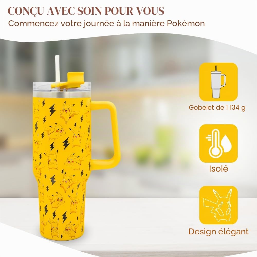 Pokemon Pikachu Gobelet de 1200 ml avec paille et couvercle | Tasse de voyage anti-fuite et anti-déversement | Bouteille d'eau isotherme en acier inoxydable avec poignée pour garder au froid pendant