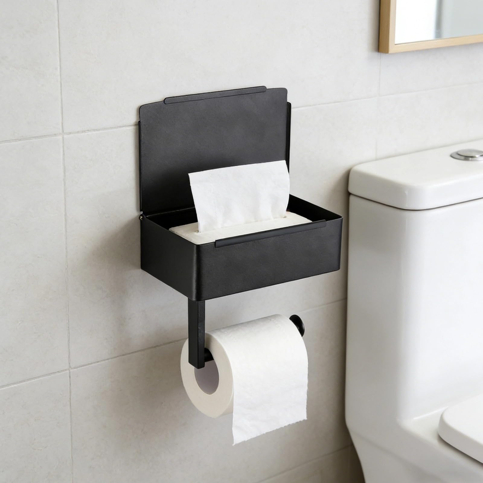 Toilettenpapierhalter aus Edelstahl mit Feuchttücher-Box, Papierrollen-Spender, Ablage ohne Bohren für das Handy, großes Fassungsvermögen, platzsparend, leicht nachfüllbar, 22 x 14 x 7 cm