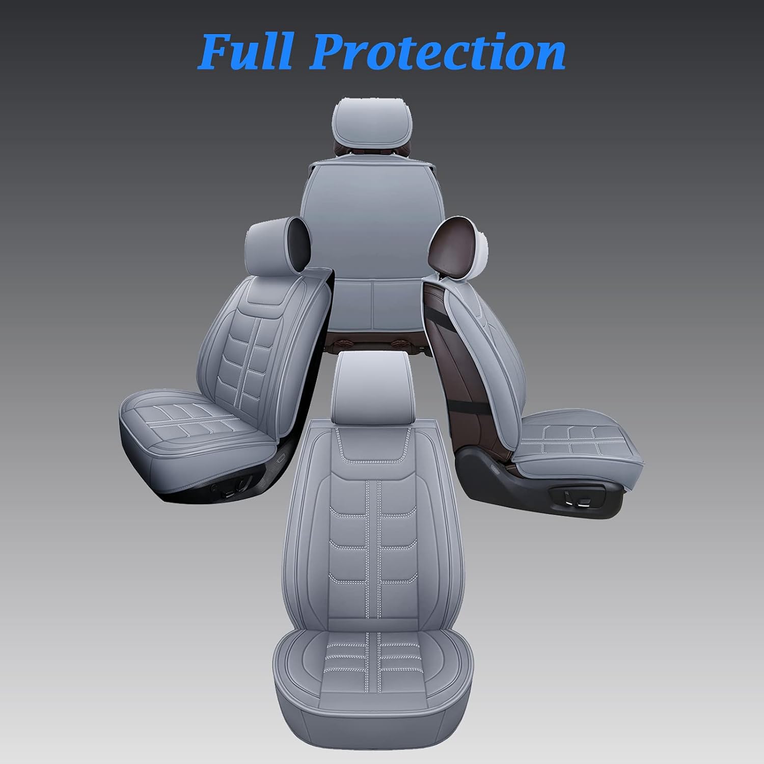 Coverado Car Seat Covers, Waterproof Faux Leather Line Pattern Automotive Vehicle Cushion Protector, Universal Fit for Most Cars Sedan SUV Pickup Truck(Full Set, Gray) : Automotive