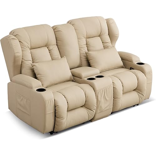 SAMERY RV Loveseat Recliner Sofa, Manual Reclining Loveseat with Console, 2 Seat Recliner Sofa Chair for Living Room RV Theater Love Seat with Cup Holders/Pockets/Pillows