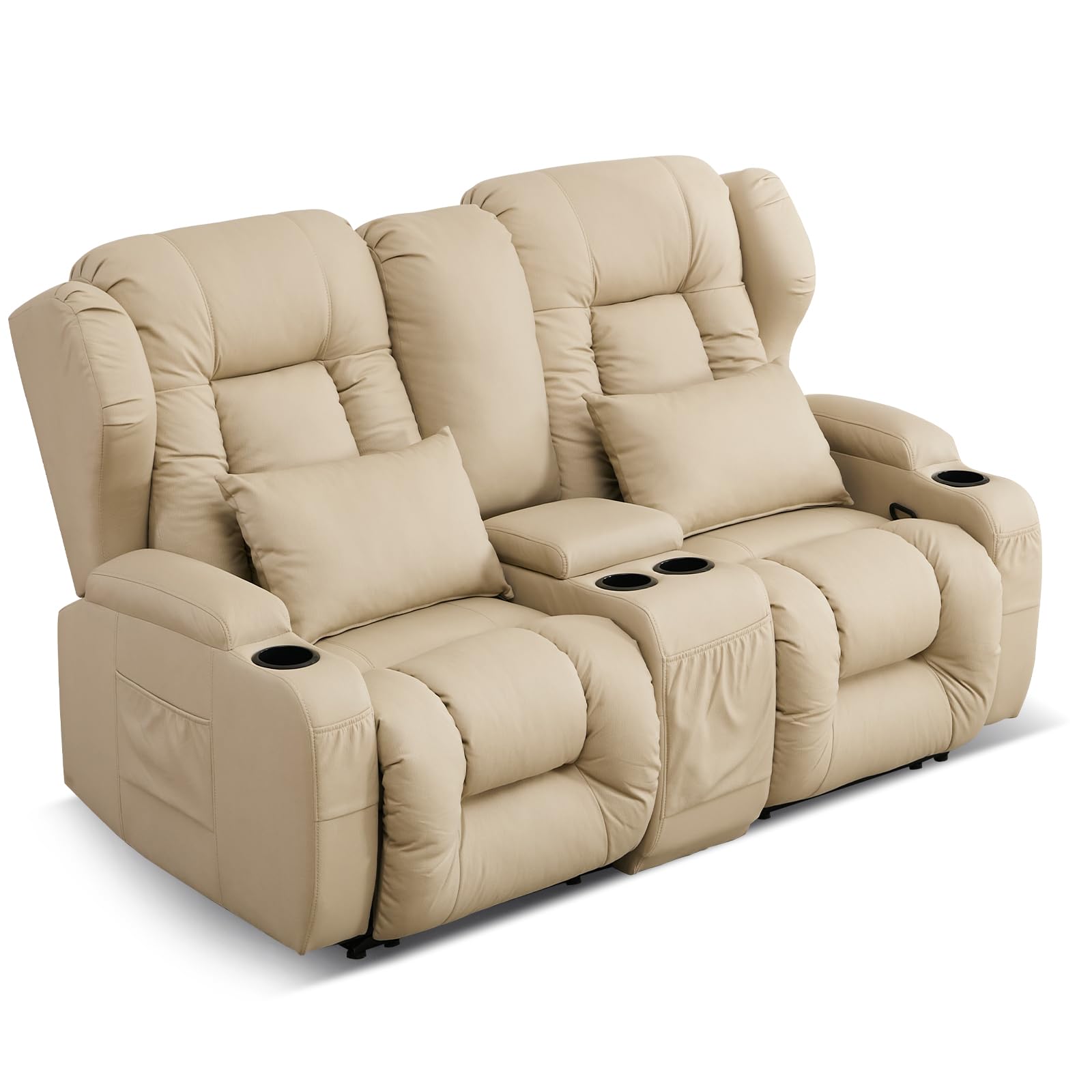 SAMERY 66" RV Loveseat Recliner Sofa, Manual Reclining Loveseat 6" Wall Hugger Recliners with Storage Console, Cup Holders, Pockets, Pillows, Fabric