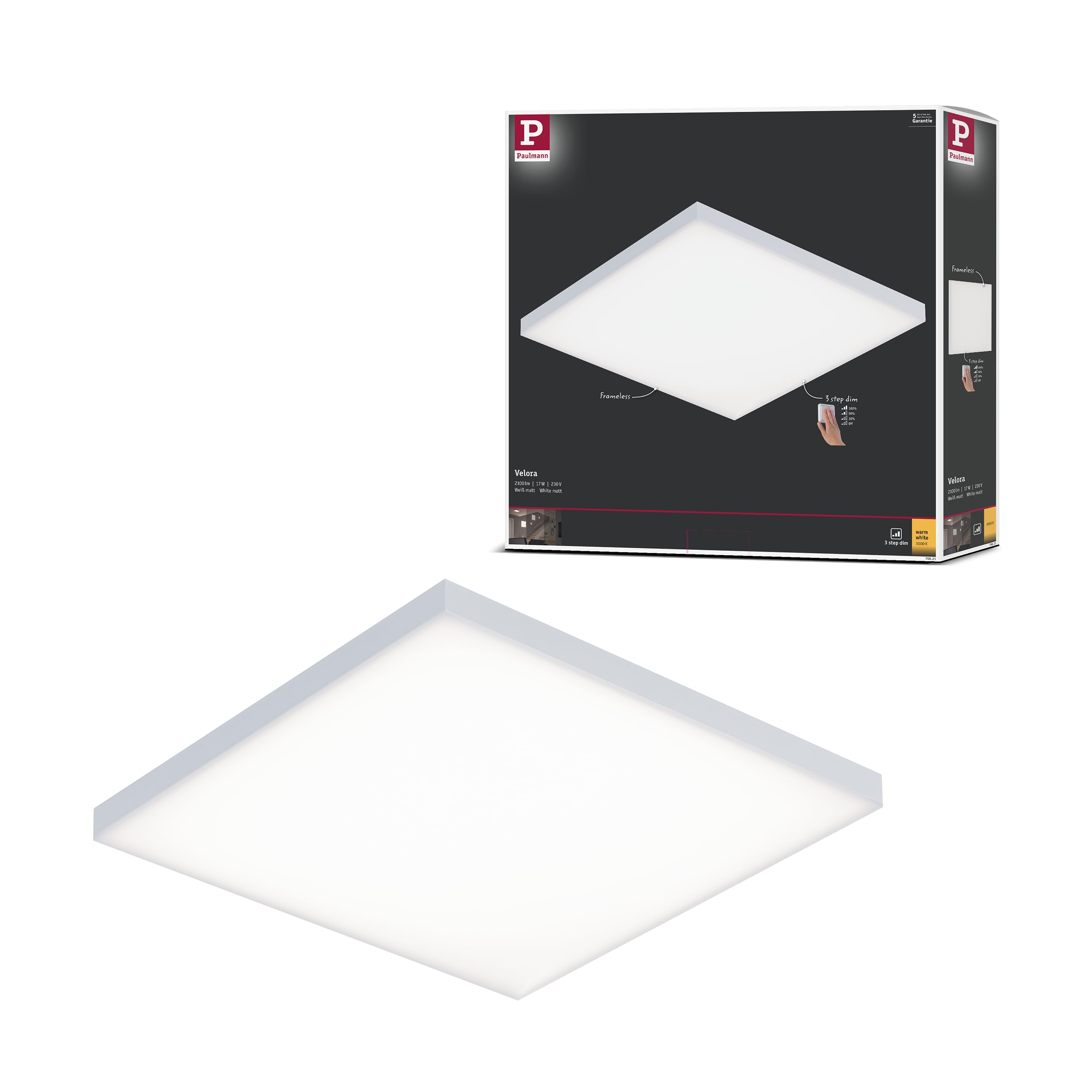 Paulmann Matt White 79821 Velora Led Panel Rectangular Incl. 1X17 Watt Ceiling Lamp White Matt Light Panel Metal Ceiling Light 3000 K