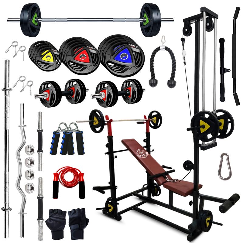 70KG Rubber Coated Plates Combo with 20-in-1 Adjustable Bench with U-Hook, Lat Pulldown, Curl Rod, Straight Bar, Dumbbells, Skipping Rope, Gloves & Gripper – Home Gym Fitness Kit-image-33