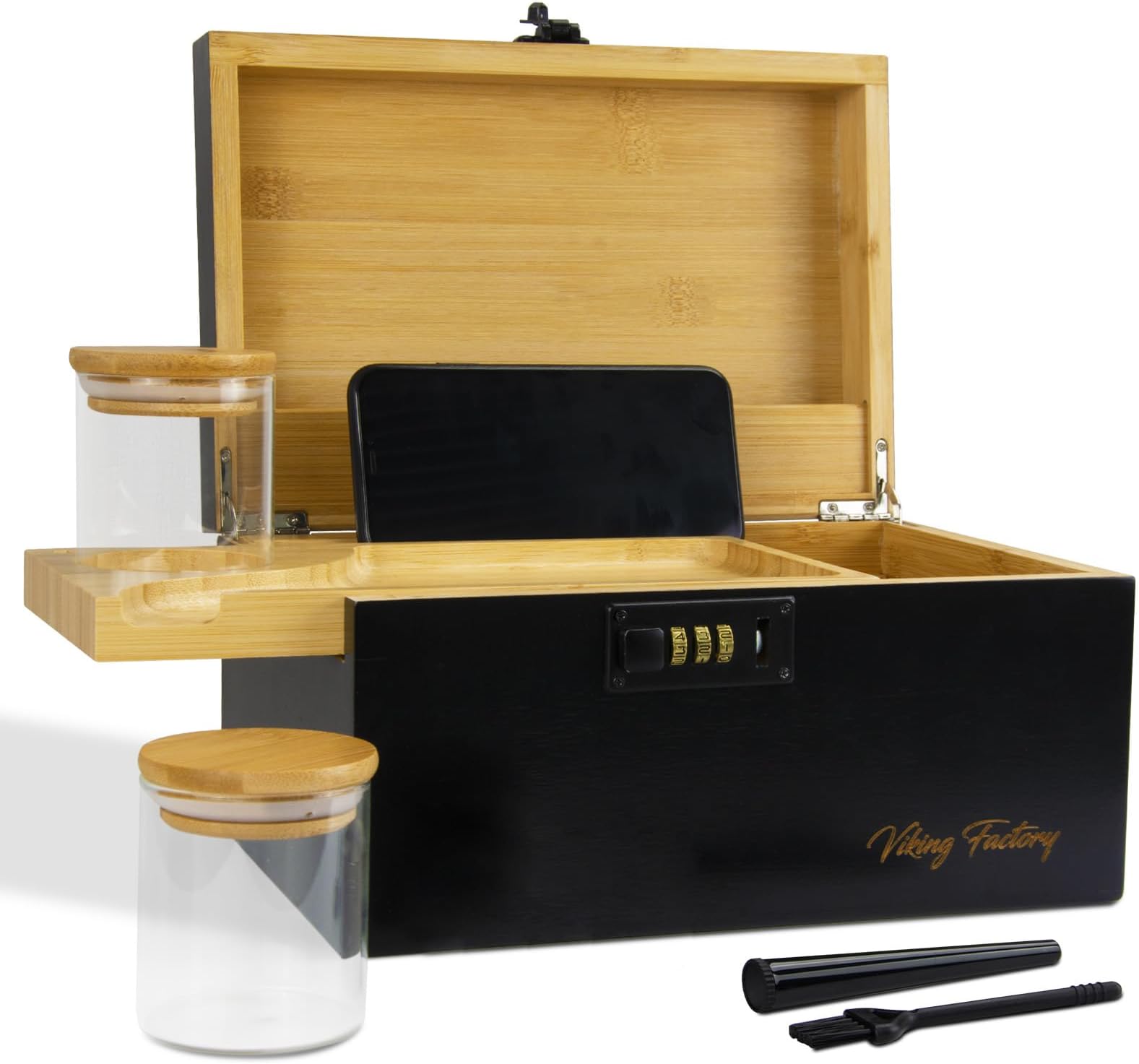 Large Bamboo Box Tray Set with Combination Lock Decorative Box for Home Smell Proof Storage Box -Premium Removable Tray, Roll Kit and All Accessories
