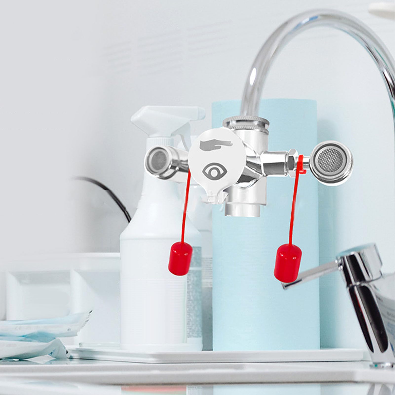 Estación lavaojos con grifo y tapa, rotación de 360°. Lavaojos de emergencia con accesorio para lavabo. Kit lavaojos con 3 adaptadores para laboratorios, fábricas, hogares