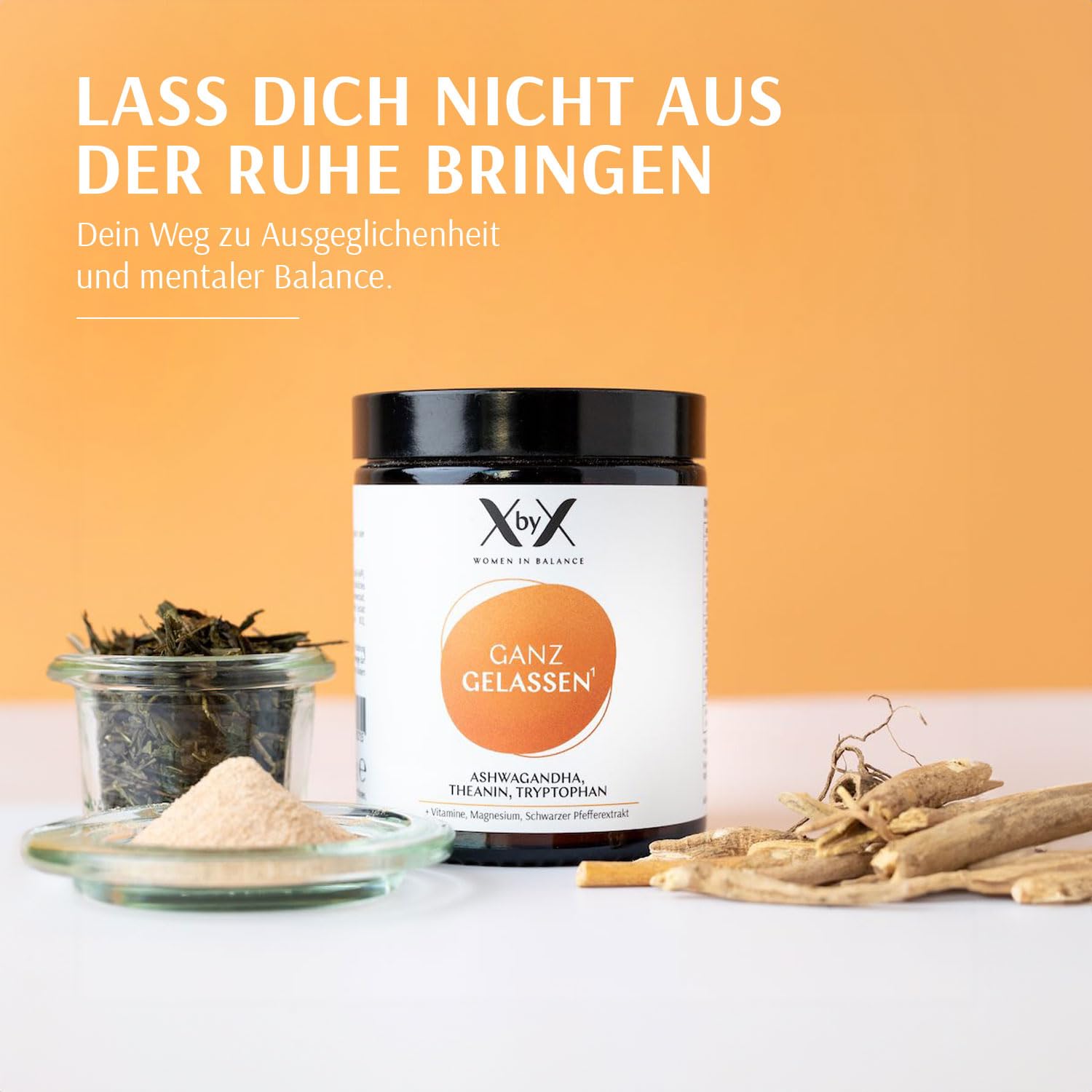 XbyX® Ganz Gelassen 90 g | 30 Portionen | Für mehr Gelassenheit & mentale Balance im Alltag | Adaptogen Ashwagandha, Tryptophan & Theanin aus Grüntee-Extrakt | Hormonfrei | Ohne Soja | Aus Deutschland