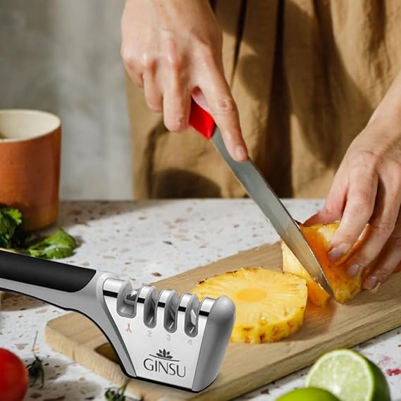GINSU Knife Sharpener 9in, Quick & Easy Sharpening Rods, Non-Slip Handle, Heavy-Duty Stainless Steel System for Kitchen Blades