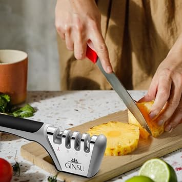 GINSU Knife Sharpener 9in, Quick & Easy Sharpening Rods, Non-Slip Handle, Heavy-Duty Stainless Steel System for Kitchen Blades