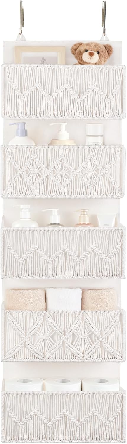 Dahey Over The Door Organizer Macrame Boho Nursery Storage Decor with 5 Large Woven Pockets Closet Behind Hanging Organizer for Bedroom Nursery Bathroom Apartments Dorm Pantry Decoration,White