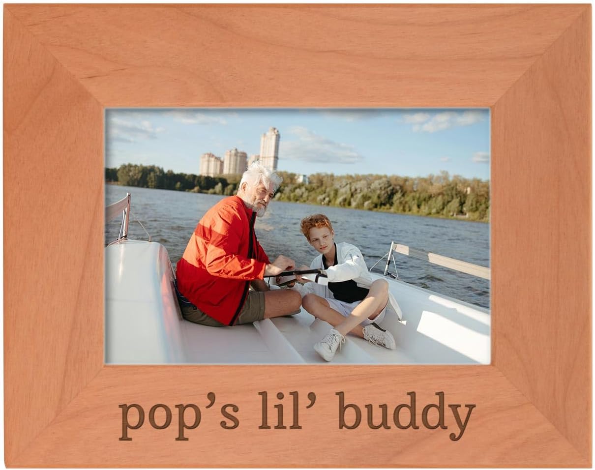 Personalized Gifts Grandpa Gift Pop's Lil' Buddy Grandson Natural Wood Engraved 4x6 Landscape Picture Frame Wood
