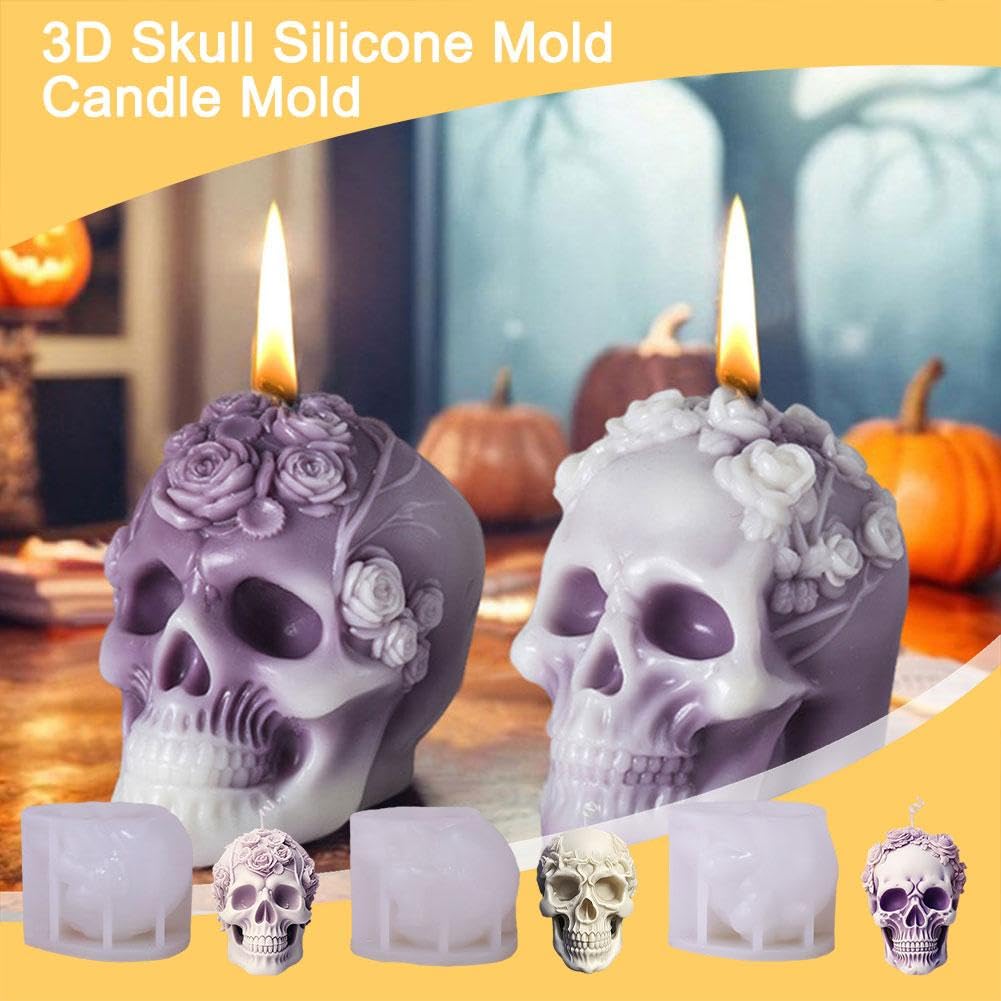 Moule Silicone 3D Tête De Mort Avec Rose - Pour Bougies, Résine, Savon - 2 Moules - Création DIY Halloween