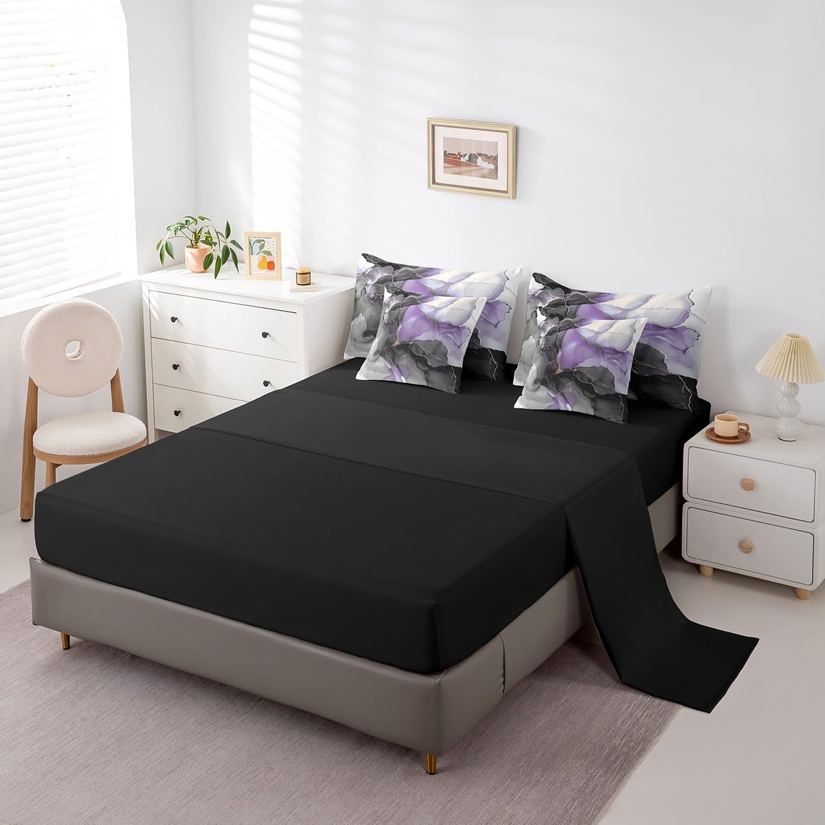 Black Purple Marble Bed in a Bag 7pcs Watercolor Aesthetic Bedding Set, Abstract Marbling Queen Size Comforter Set Stone Pattern Bedding Comforter Sets, Gold Metallic Bed Set Girls Bedroom Decor
