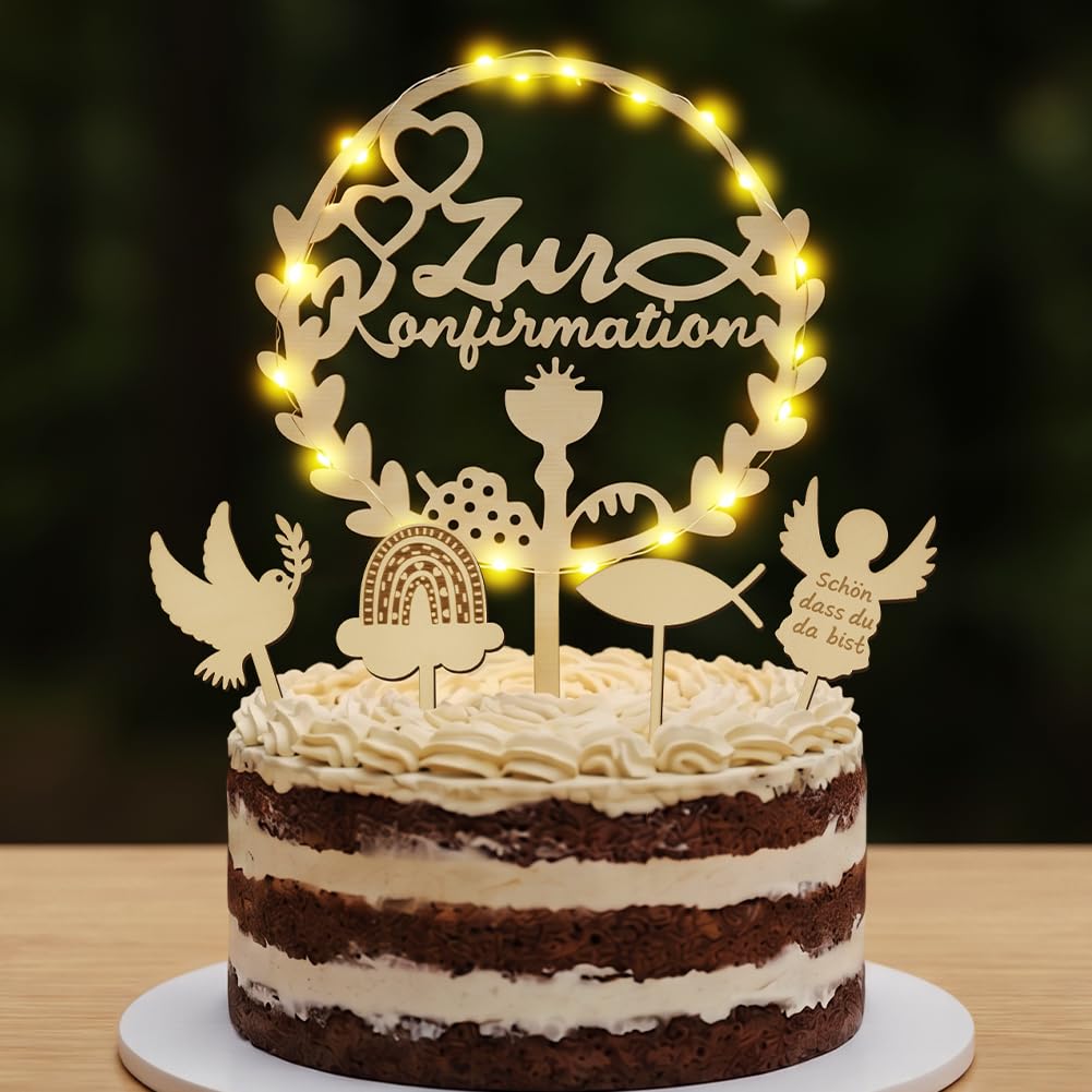 Adiwo Wooden Cake Topper, Believe Gift Cake Decoration Set, Cupcake Topper, 4 Small Wooden Toppers (Angel, Jesus Fish, Peace Dove, Rainbow) with LED Fairy Lamp