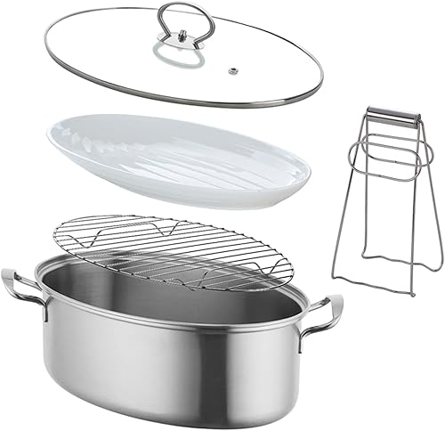 HMWOKPOT Vaporizador de pescado de acero inoxidable, olla ovalada multiusos con estante, sartén de cerámica, portabrocas para cocinar pescado al