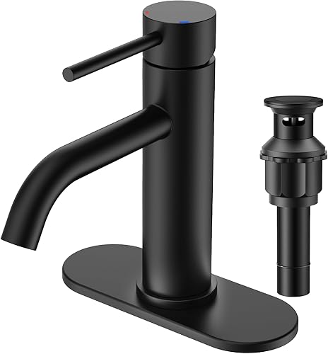 FORIOUS Grifos de baño de 1 agujero, grifo de lavabo de baño negro mate con montaje de drenaje desplegable de metal, juego de grifo de tocador de un