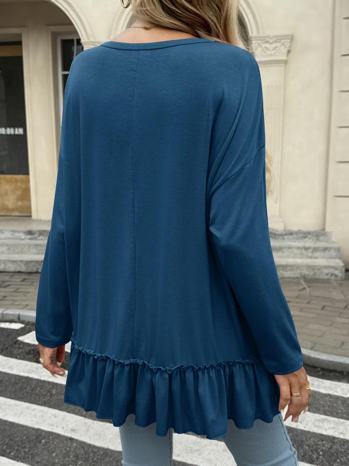 Tankaneo Womens Peplum Babydoll Tops Oversized Tshirt Casual Long Sleeve Pleated Shirts Crew Neck Flowy Loose Fit Tunic Tees Navy - Image 4