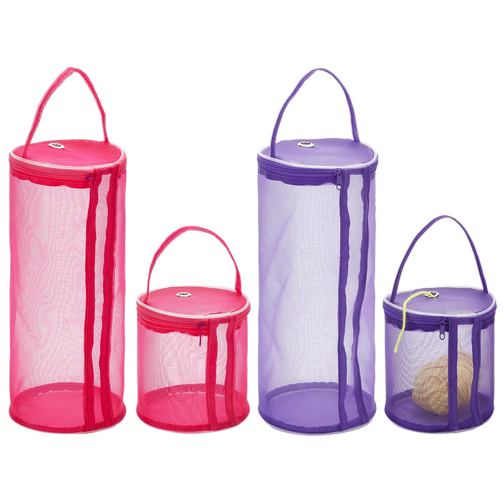 WEBEEDY 4pcs Crochet Yarn Holder Storage Bags 2 Sizes Empty Round Mesh Bag Crochet Yarn Storage Organizer Portable Knitting Yarn Tote Baskets for Crocheting Knitting Supplies Dispenses
