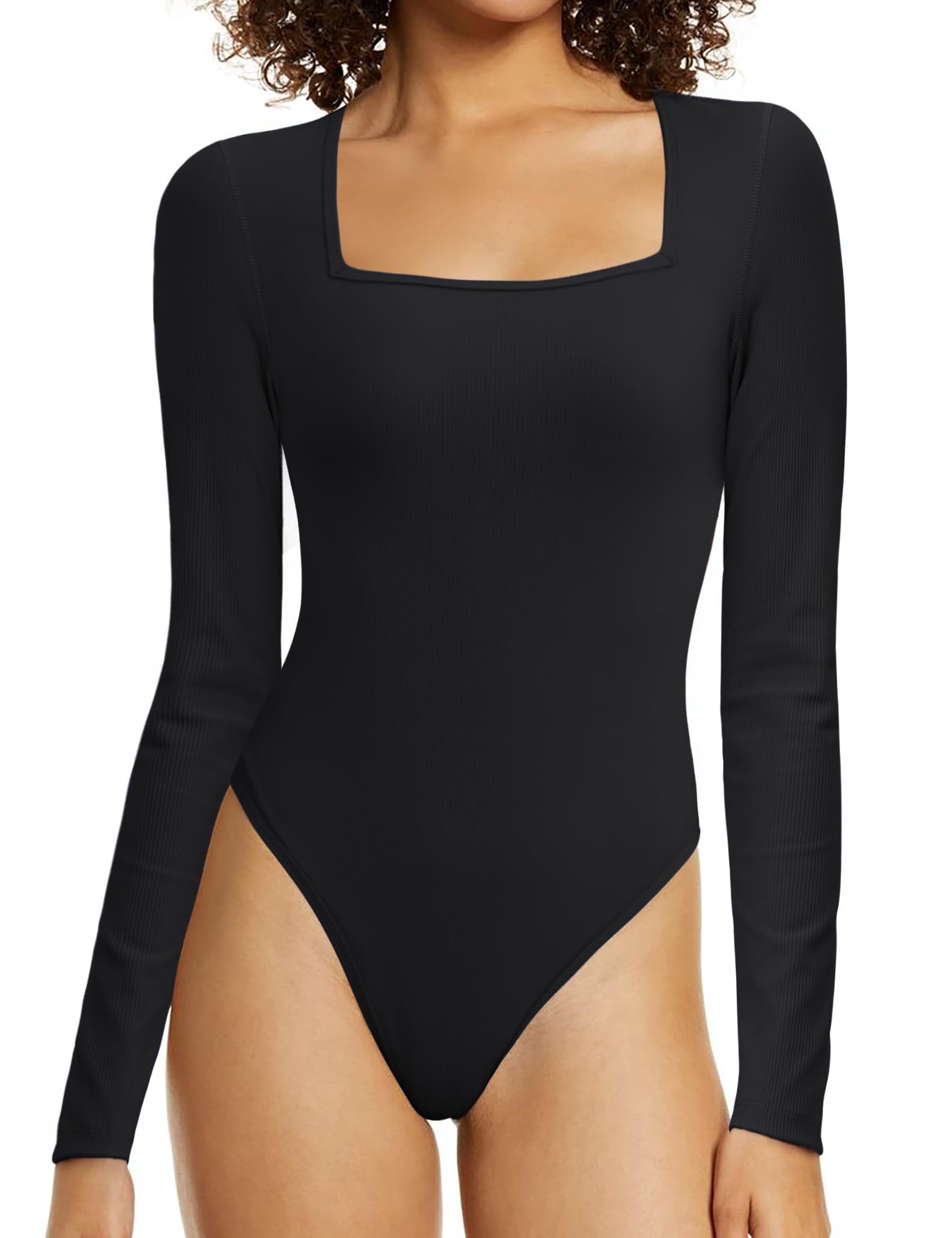 TQD Long Sleeve Square Neck Bodysuit for Women Ribbed Bodysuits Compression Shirt Womens Thong Body Suit Top