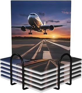 (Airport) Ceramic Coasters Set of 6 with Holder Non-Slip Square Coffee Coasters for for Cup Mug Drink Patio Coffee Table Decor, Christmas Coasters Home Bar Supplies
