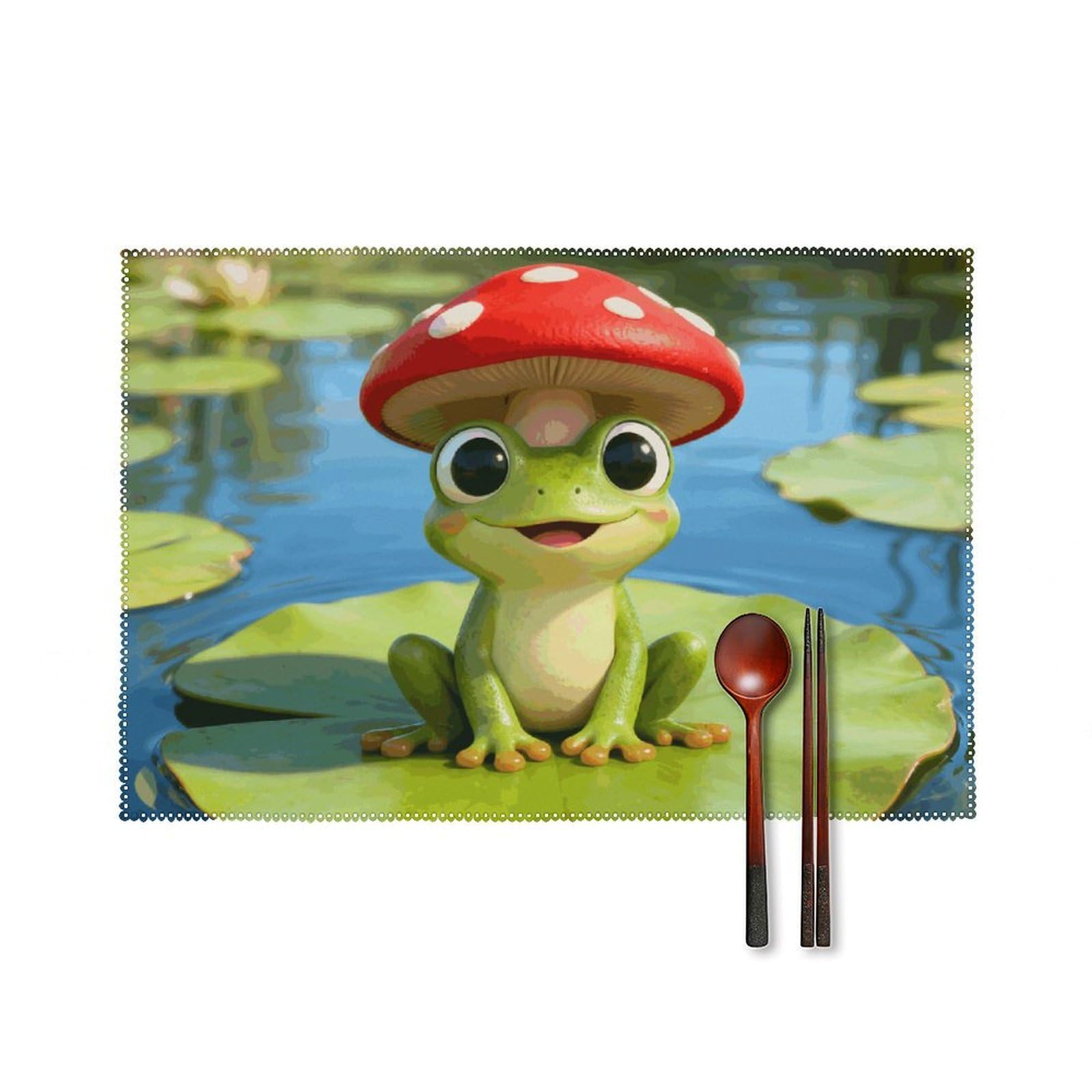 Cute Frog Red Mushroom Placemats Set of 6, 12x18 Inch Heat Resistant Washable Canvas Table Mats, Stain Resistant Decorative Dining Placemats for Kitchen, Restaurant, Outdoor Party