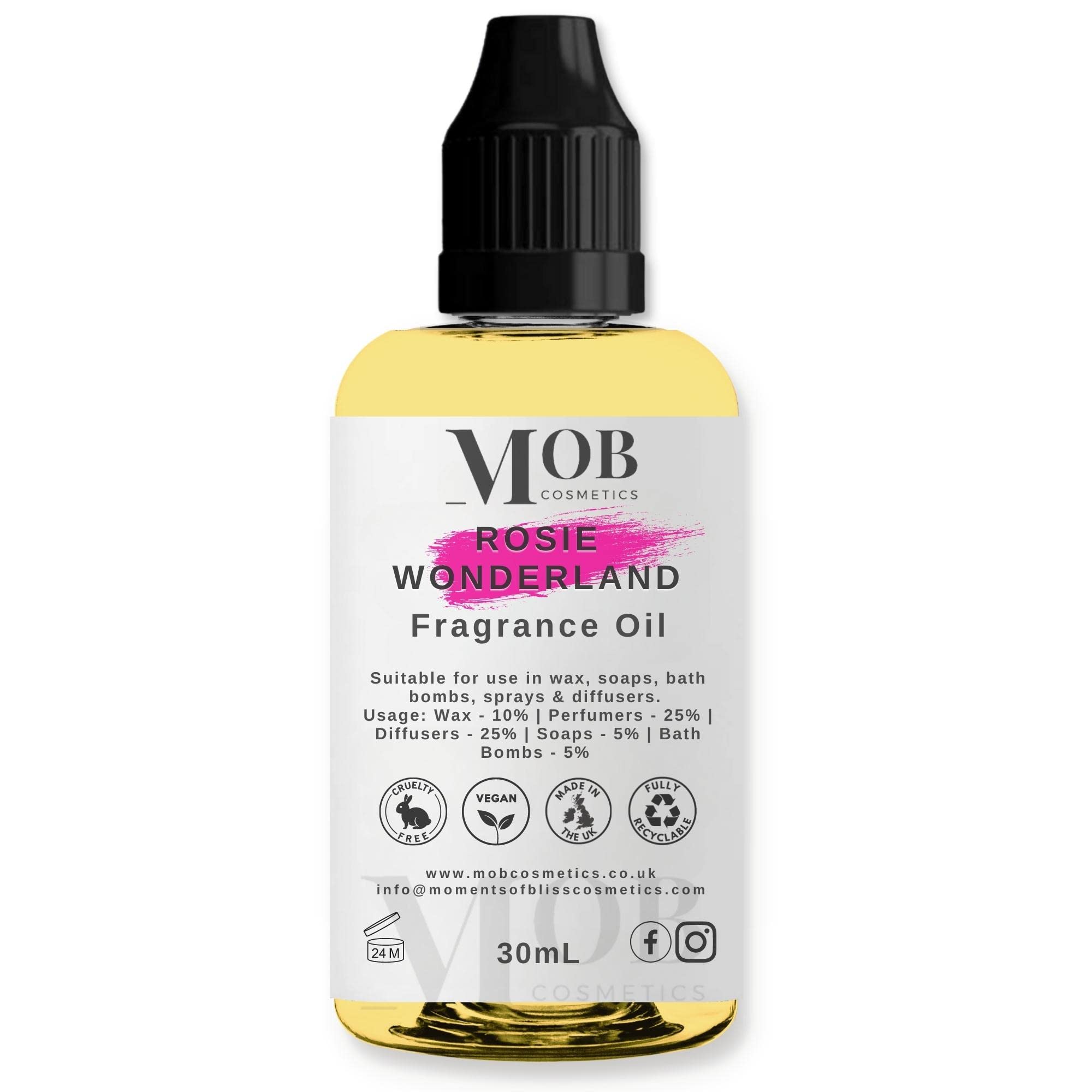 Rosie Wonderland Luxury and Designer Fragrance Oil | Highly Concentrated | Perfect for Candles, Soaps, Bath Bombs, Diffusers, Wax Melts | UK Made | Vegan (Rosie Wonderland, 30ml)