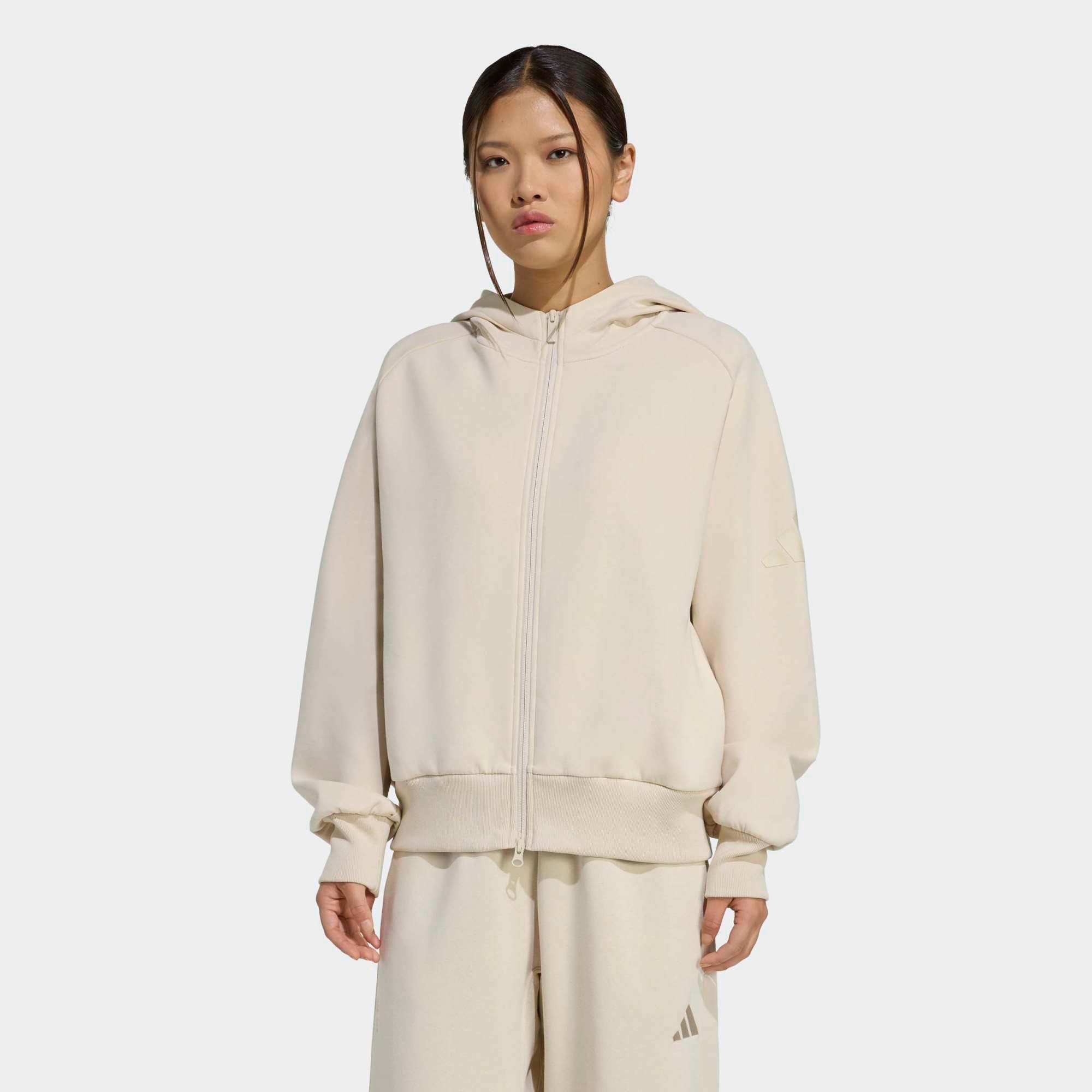 adidas Women's Soft Lux Full-Zip Hoodie Sweatshirt, Crystal Linen, M