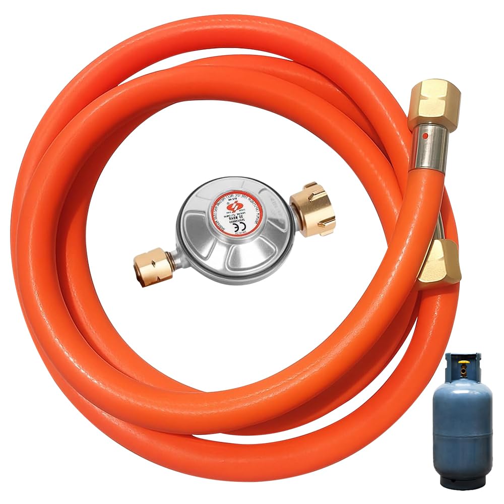Tubo del gas con riduttore di pressione 50 mbar, tubo del gas 1/4, regolatore di pressione del gas con manometro e valvola di sicurezza e tubo flessibile del gas da 150 cm, ideale per barbecue