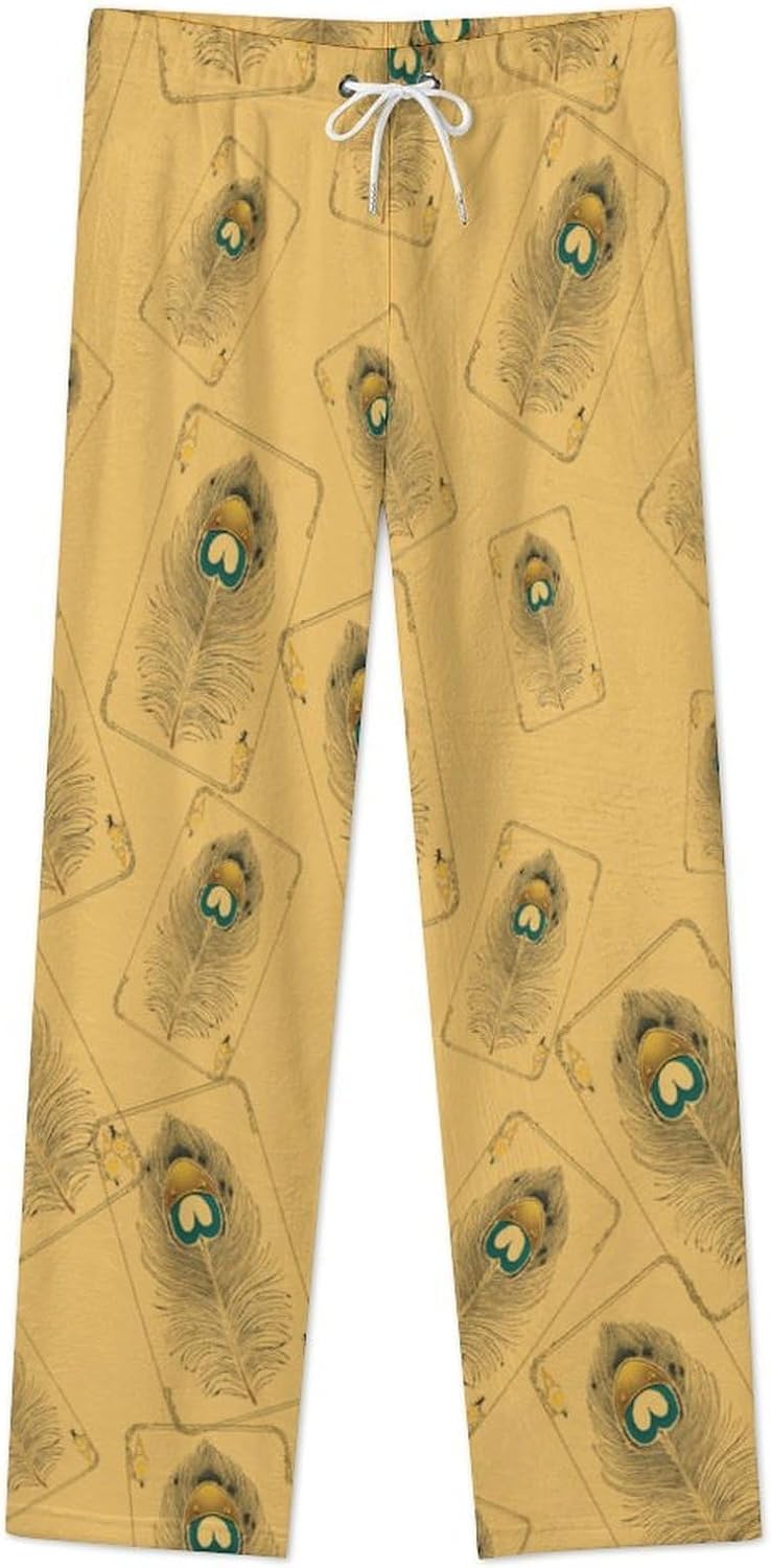 Peacock Feather Card Women's Pajama Pants Flannel Lounge Bottoms with Pockets Comfy Wide Leg Sleep Pant