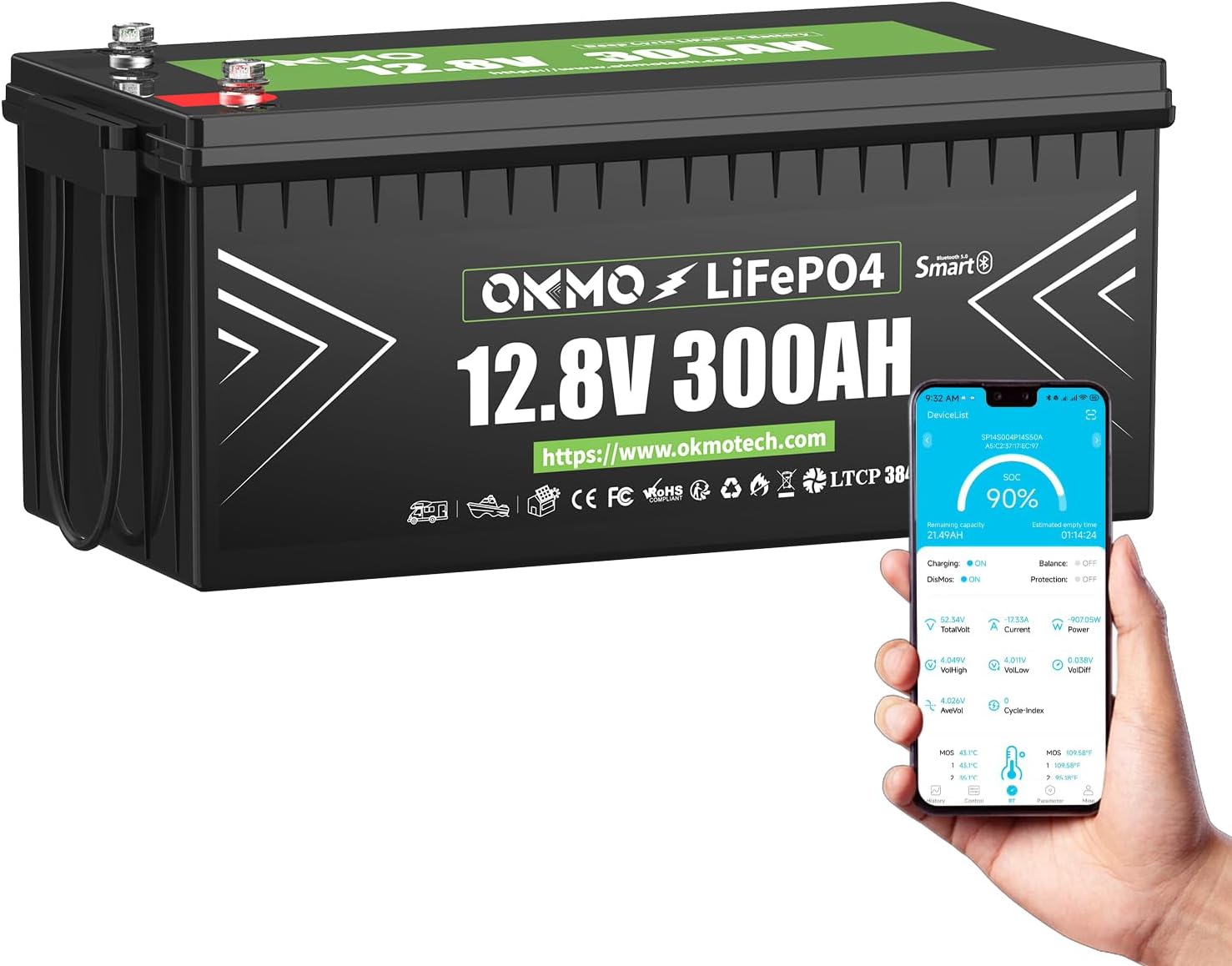 OKMO 12V 300Ah LiFePO4 Lithium Battery With Bluetooth Built-in 150A BMS Low-Temp Protection for RV, Solar/Off-Grid Applications, Home Energy Storage, Marine