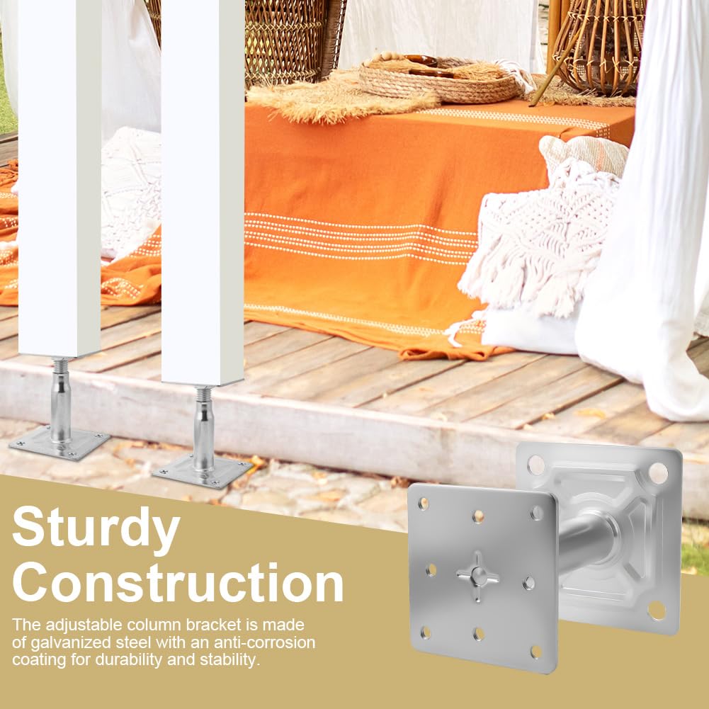 Supports de Poteau Galvanisés de 100 à 150 mm, Lot de 4 Supports de Poteau Réglables en Hauteur avec 16 Vis, Embase Pied de AOOTE Poteaus Carrée Réglable pour Clôtures, Abris, Pergolas (Argent)