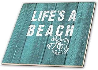 3dRose Lifes a Beach Distressed White Text on Teal Background-not Real Wood-Ceramic Tile, 12-inch (ct_220419_4), Multicolor