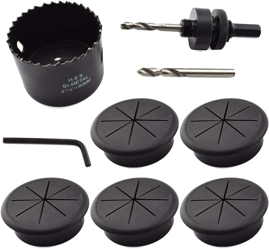 2-3/8 Inch Desk Grommet and Hole Saw Kit, OZXNO 5-Pack 60mm Flexible Desk Wire Cord Hole Cover with Matching Holesaw Drill Bits for Cable Organizer Wiring Management and Protection