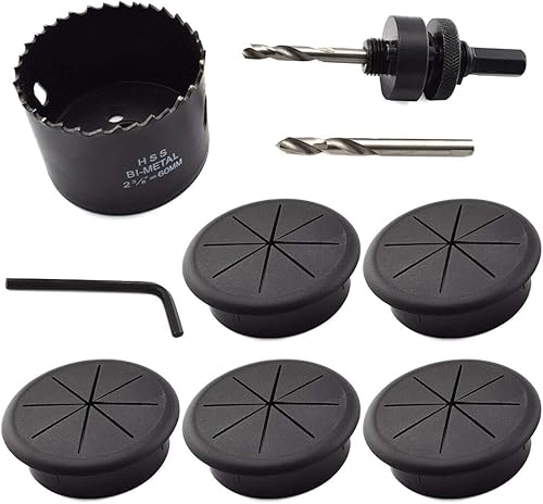 Juego de 5 ojales y sierra de agujero de escritorio de 2-3/8 pulgadas, cubierta flexible de 2.375 pulgadas para agujeros de cable de escritorio con