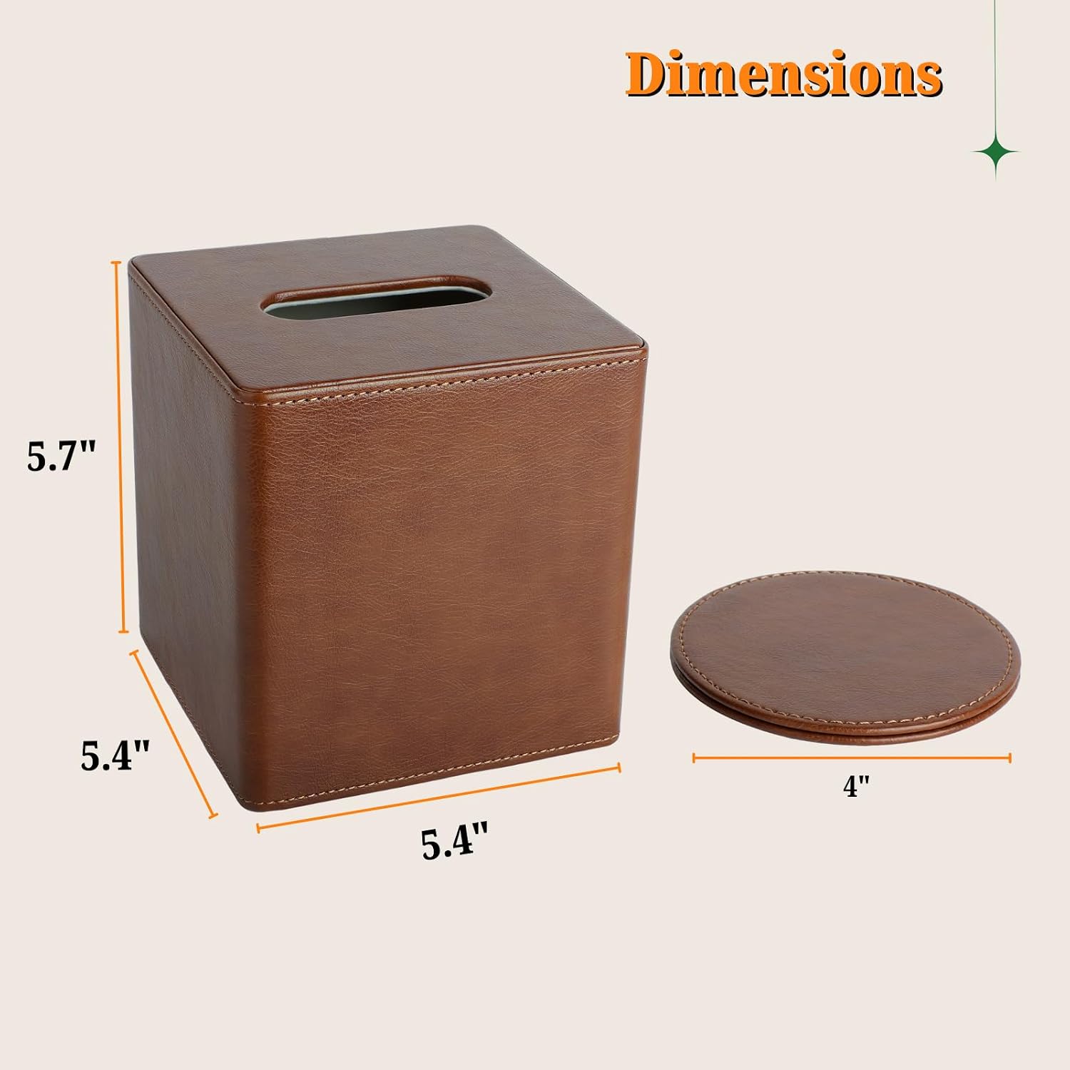 LAMOTI Tissue Box Cover Square with 4" Coaster, PU Leather Decorative Cube Tissue Box Holder with Magetic Closure for Home & Office (Brown)