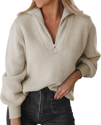 KOOSUFA Womens Half Zip Sweater Pullover Fall Winter Long Sleeve Stripe Solid Zipper Sweatshirt Stand Collar Knit Top
