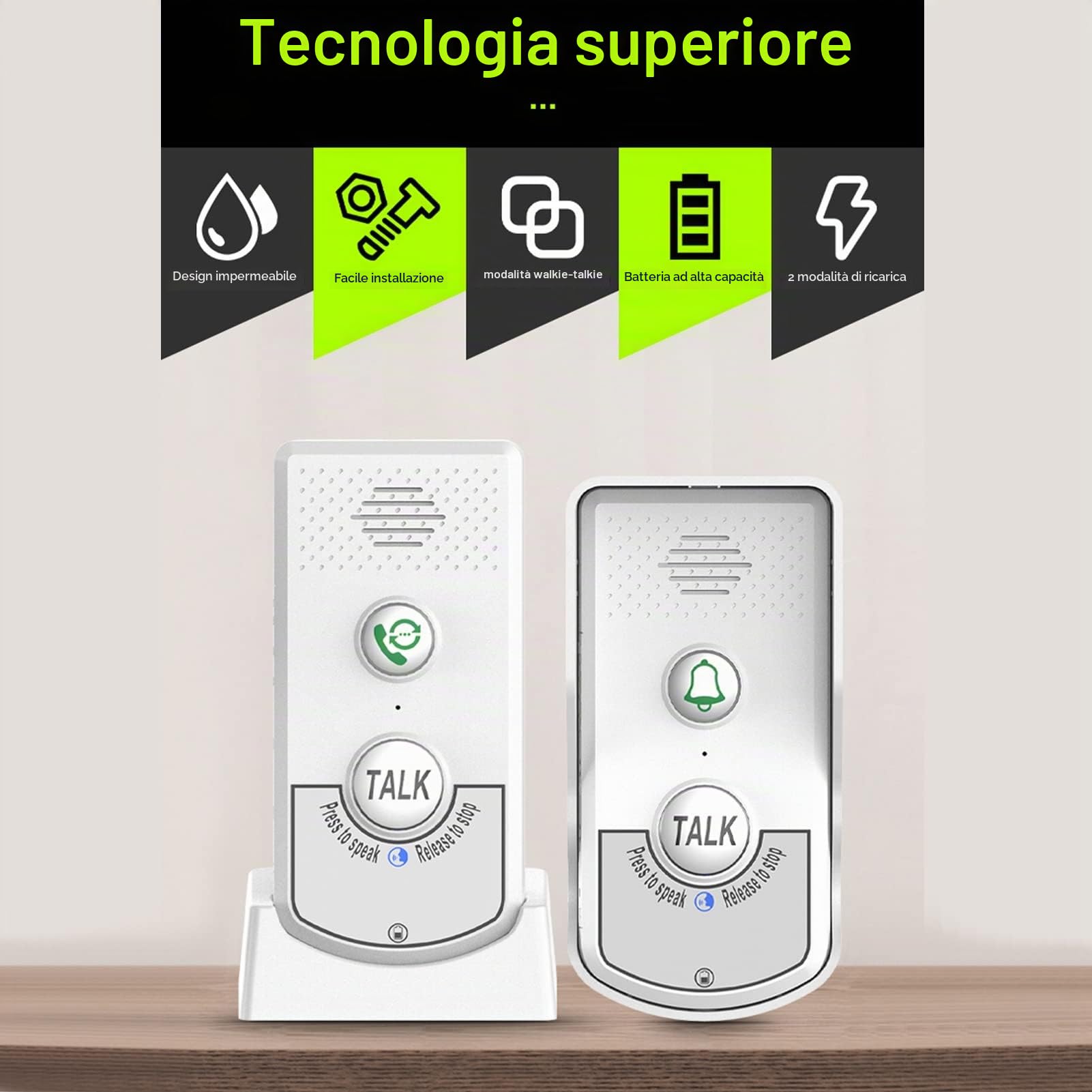 Campanello per Citofono Senza Fili, Campanello Elettronico per Campanello, 2 Vie 1 V 1 Campanello per Citofono Impermeabile Senza Fili con Indicatore Luminoso