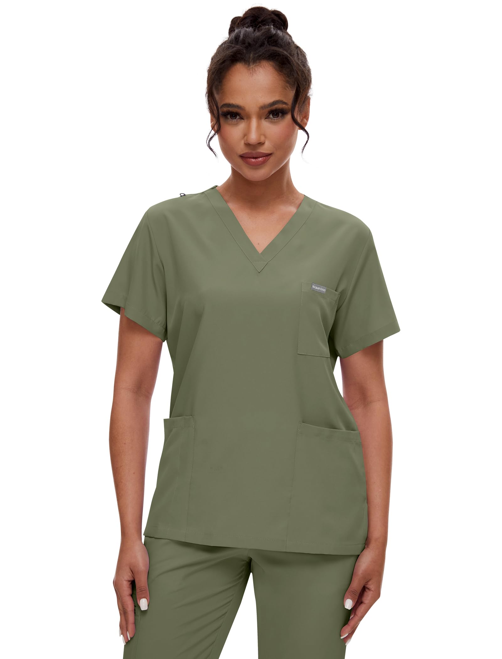 niaahinn Scrubs for Women Set - Classic V-neck Top & Yogga Waistband Jogger Pants with 8 Pockets Breathable Slim Fit Suit (Olive,M)