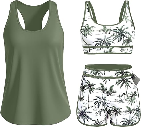 Daci Women 3 Piece Tankini Swimsuits - Tummy Control Bathing Suit Sport Bra Modest 2 Pockets Boyshorts 2026