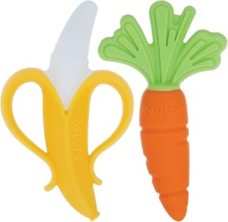 Nuby NanaNubs Banana Massaging Toothbrush & Carrot Teether 2-Pack - Soft Silicone Baby Teething Toys 3+ Months