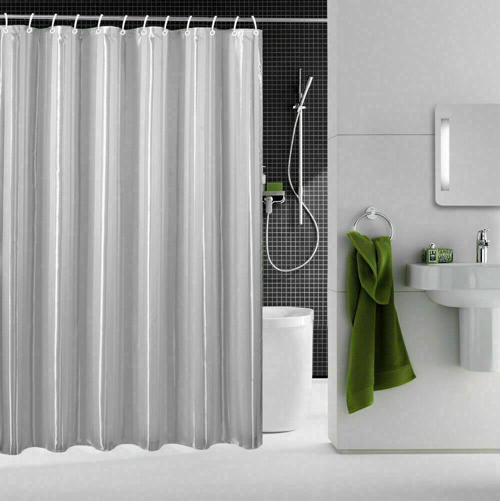 Extra Long Stripe Pattern Shower Curtains 100% Polyester Fabric Water Proof 180x180 With Ring Hooks (Grey, 180 x 180 cm)