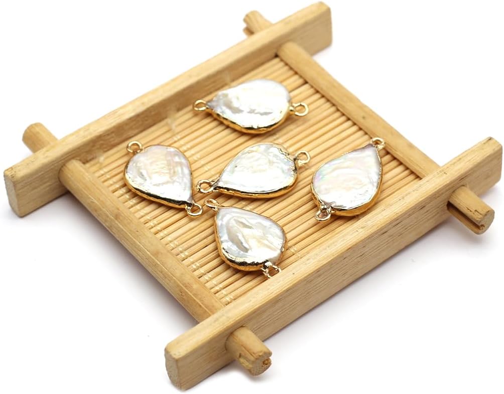 QSLLER 10Pcs Natural Pearl Pendant Connectors Irregular Shape Pearl Charm Links with Gold Edge Wrapped for Jewelry Making DIY Dangle Finding Handmade Accessories Decoration Supplies - Image 3