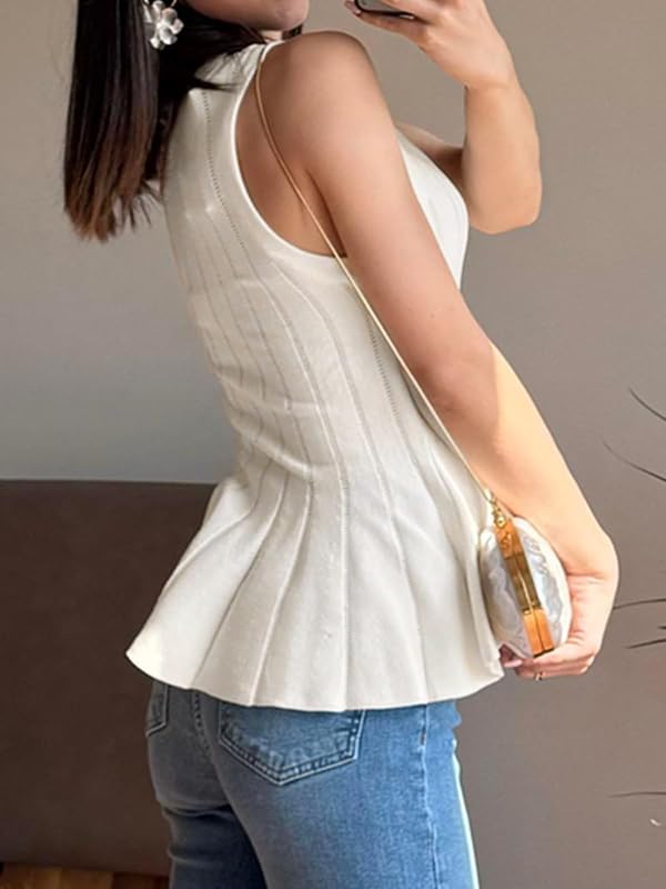 Cicy Bell Womens Pleated Peplum Tank Tops Fitted Ribbed Knit Crew Neck Blouses Summer Sweater Vest White by Cicy Bell - Image 3