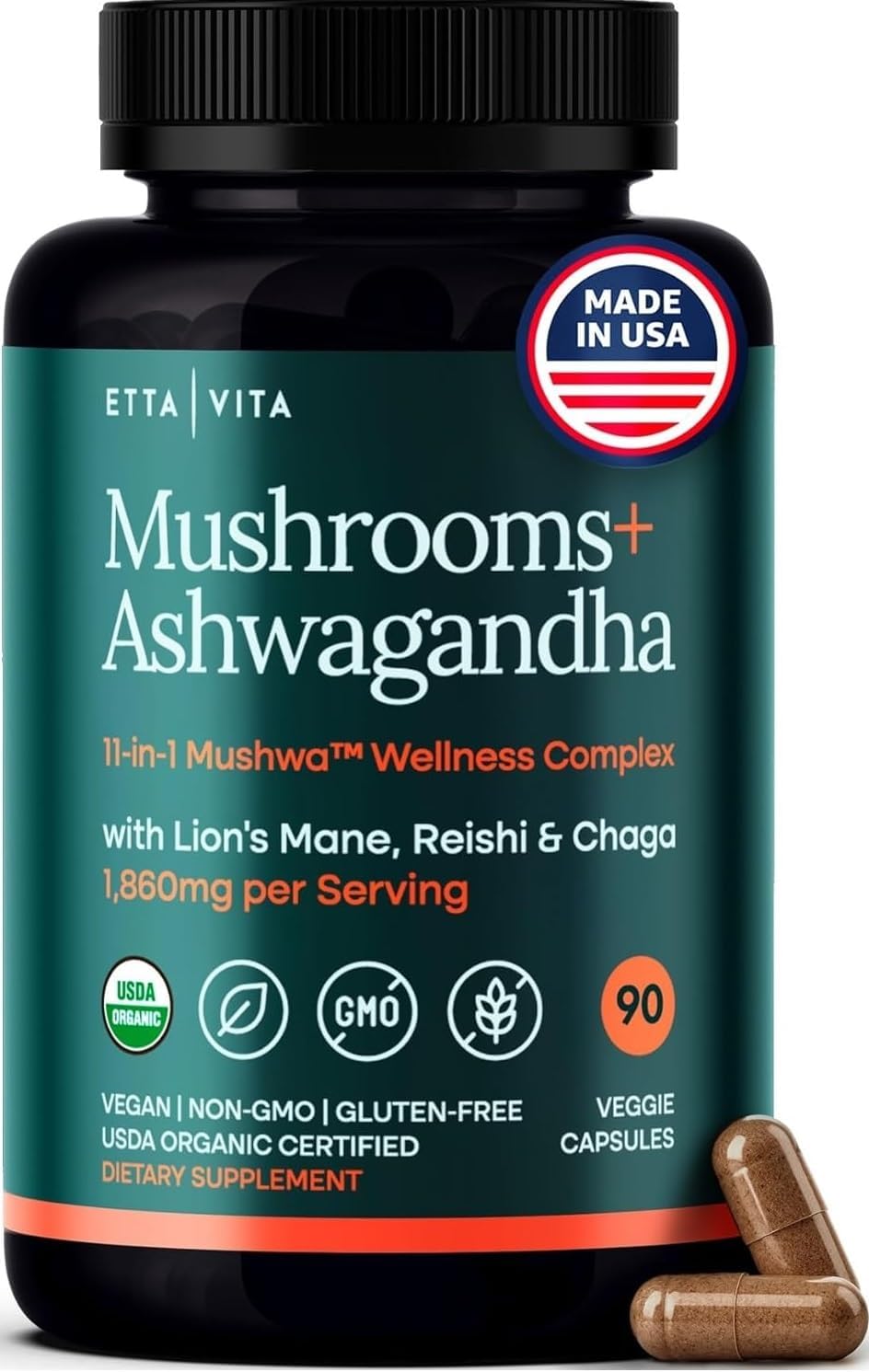 USDA Organic Lions Mane Supplement Capsules with Ashwagandha, Chaga, Reishi, Cordyceps, Turkey Tail (18,600mg/serv) 10x Adaptogenic Mushroom Complex as Focus Supplement - Energy, Immunity & Nootropic