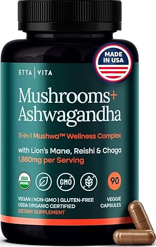 Cápsulas de suplemento de hongos melena de león USDA Organic con Ashwagandha, Chaga, Reishi, Cordyceps, Cola de Turquía (18,600mg/serv) Complejo de