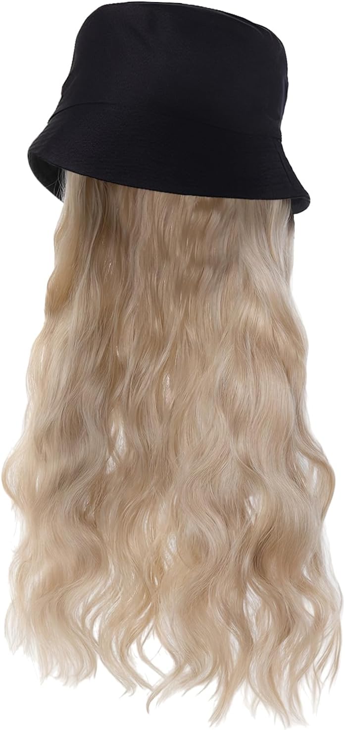 Women’s Bucket Hat with Hair Extensions – 19.7 Inch Blonde Long Wavy Hat Wig, 2-in-1 Adjustable Beach Sun Hat with Fake Hair