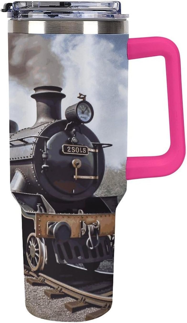 Steam Locomotive Train Travel Coffee Mug Reusable Durable Stainless Steel Insulated Tumbler with Handle And Straw Leak Resistant Portable Thermal Cup Gifts for Men Women 40 Oz